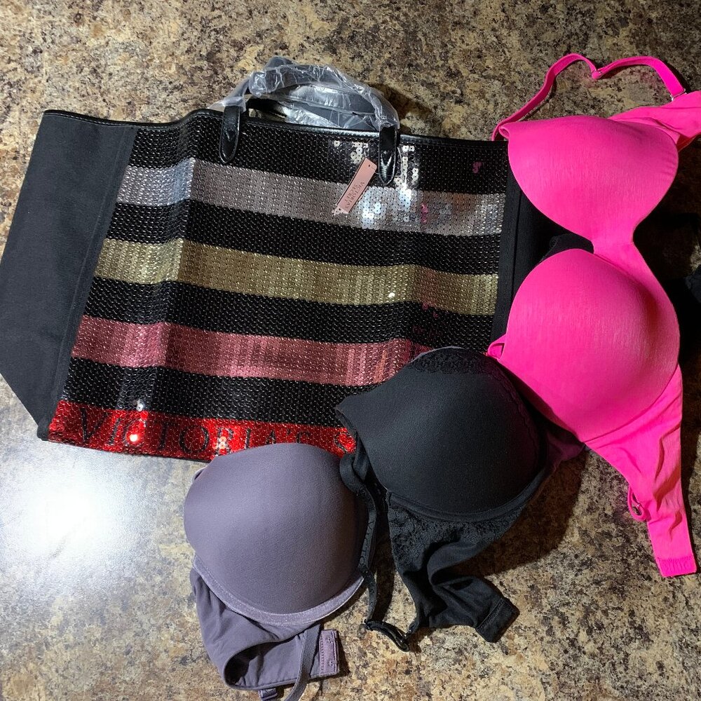 collection of 3 Victoria Secret padded bras, size 32DD & large tote/purse/bag